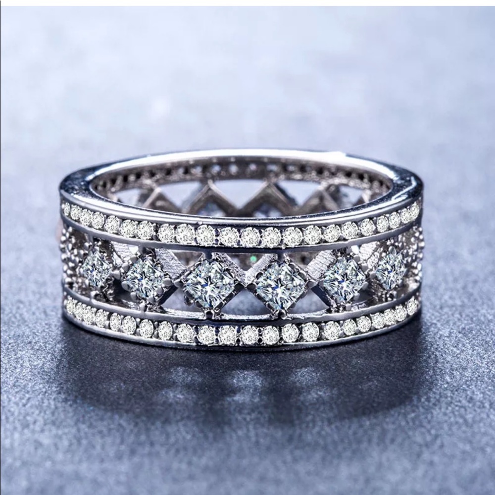 Silver stamped white diamonds engagement new ring - Picture 2 of 3